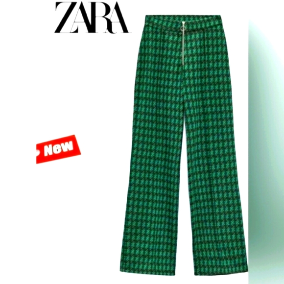 Zara Pants - ZARA green high waisted flared jacquard pants Sz M NWT